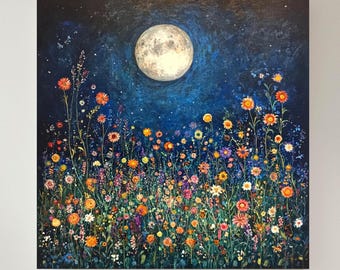 Full Moon Wildflower Canvas, Moon over Meadow Print, Enchanted Night Garden Wall Art, Starry Sky Landscape, Housewarming Gift for Grandma