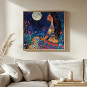 Moon Goddess Wall Art, Boho Celestial Canvas, Mystical Night Sky Print, Spiritual Moonlight Woman Artwork, Vibrant Nature Decor image 3
