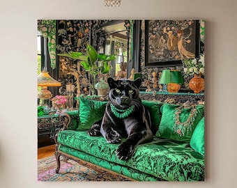 Vintage maximalist Panther Art canvas muurkunst, unieke kunstcadeaus, jungle-geïnspireerd decor, smaragdgroene panterprint voor woonkamer