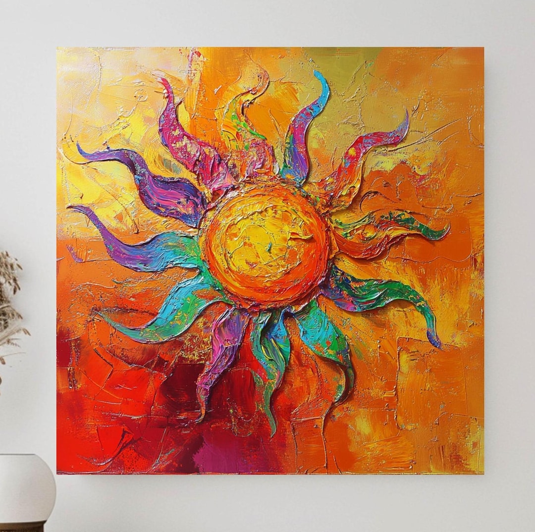 Vibrant Sun Canvas Wall Art, Textured Sun Painting, Fiery Orange