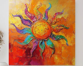 Vibrant Sun Canvas Wall Art, Textured Sun Painting, Fiery Orange Wall Decor, Abstract Bohemian Art, Positive Home Accent, New Home Gift