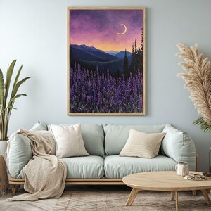 Lavender Moon Wooden Canvas Wall Art, Mountain Night Landscape Print, Purple Flower Field Decor, Tranquil Nature Accent image 4