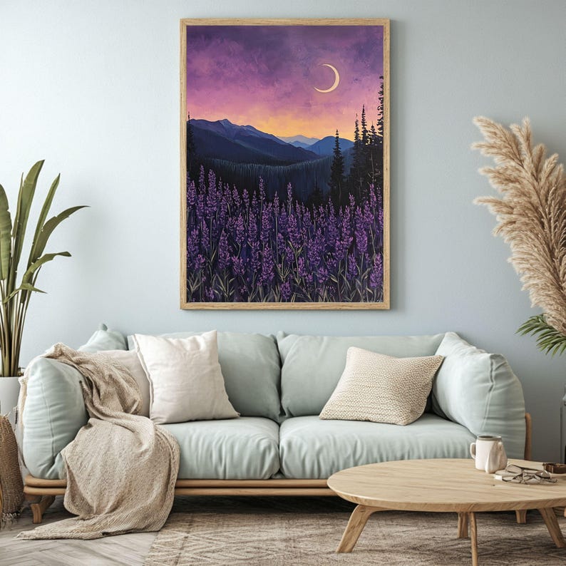 Lavender Moon Wooden Canvas Wall Art, Mountain Night Landscape Print, Purple Flower Field Decor, Tranquil Nature Accent image 4