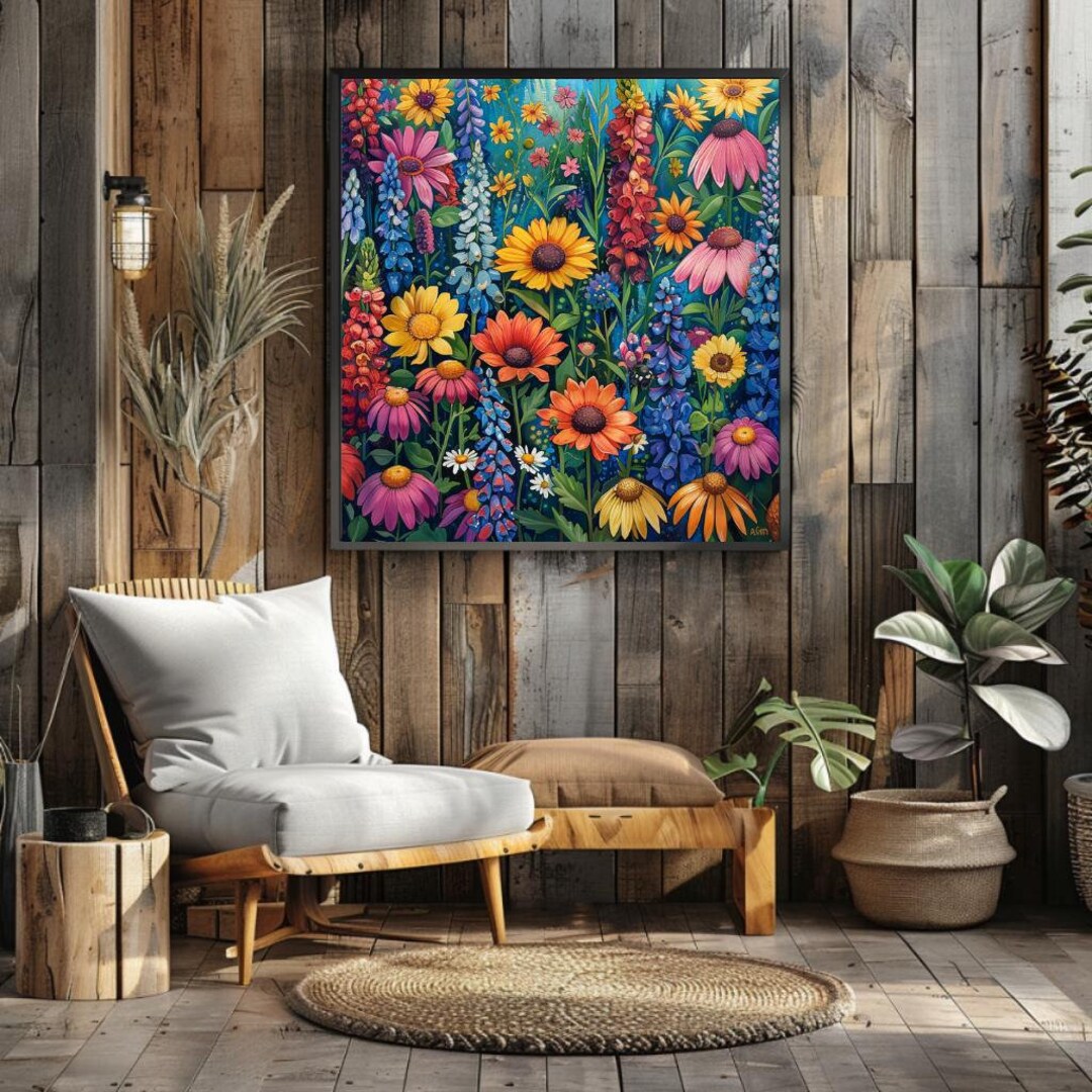 Vibrant Flower Garden Framed Canvas Wall Art, Floral Boho Wall Art ...
