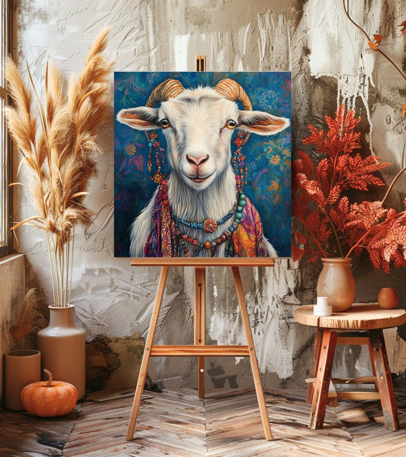 Whimsical Goat Decor, Boho Goat Wall Art, Bohemian Animal Painting