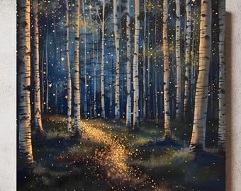 May include: A square wall art print depicting a dense forest of white birch trees at night. A glowing, golden path winds through the dark blue woods, illuminated by numerous small, sparkling yellow lights that resemble fireflies or stars.