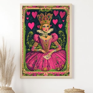 Hartenkoningin muurkunst, roze en groen ingelijst canvas, grillig fantasie huisaccent, houten muurdecor, cadeau voor kaartliefhebbers