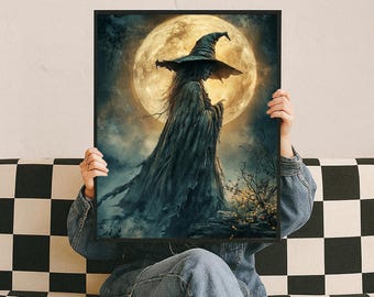 Full Moon Witch Canvas, Gothic Sorceress Framed Wall Art, Dark Fantasy Night Print, Spooky Halloween Decor, Creepy Witchy Home Accent