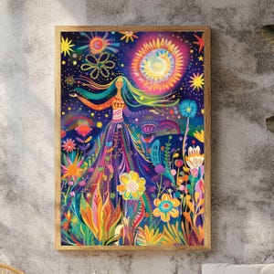 Celestial Goddess Wooden Canvas Art, Colorful Cosmic Floral Wall Print, Boho Mystical Home Decor, Framed Wooden Canvas Framed Wall Art