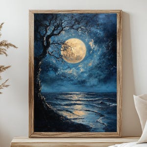Mystical Moon Framed Art, Wooden Framed Canvas, Natural Wood Frame Canvas, Celestial Wall Decor, Starry Night Poster Print, Dorm Decor