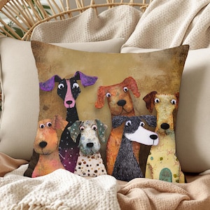Poduszka artystyczna z zabawnymi psami, zabawna poduszka z ilustracją rasy mieszanej, kolorowa dekoracja dla miłośników zwierząt, wesoły akcent zwierzęcy w domu