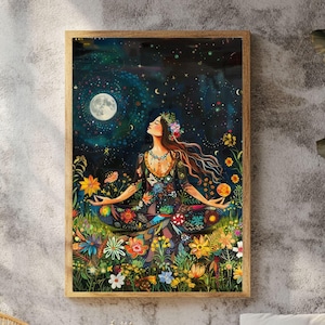 Moonlit Goddess Wooden Canvas Art, Mystical Floral Meditation Wall Print, Boho Nature Home Decor, Framed Wooden Canvas Framed Wall Art