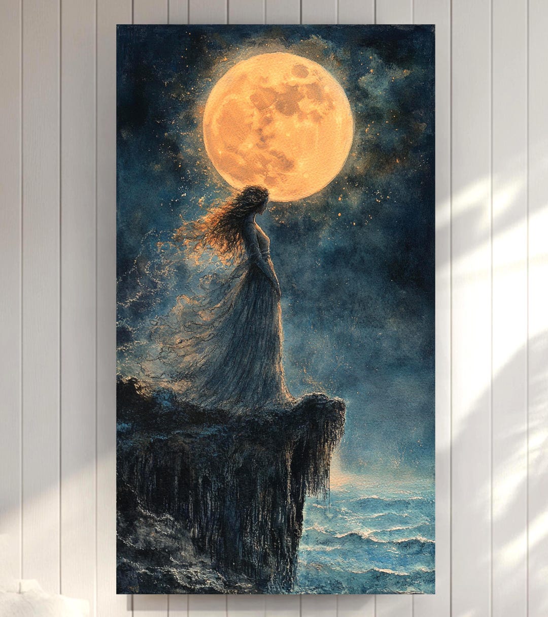 Goddess Under Full Moon Tall Wall Art, Mystical Ocean Night Vertical ...