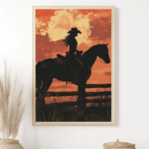 Cowgirl Horse Framed Wall Art, Western Sunset Framed Canvas, Rustic Country Home Accent, Wooden Wall Decor, Gift for Western Lovers