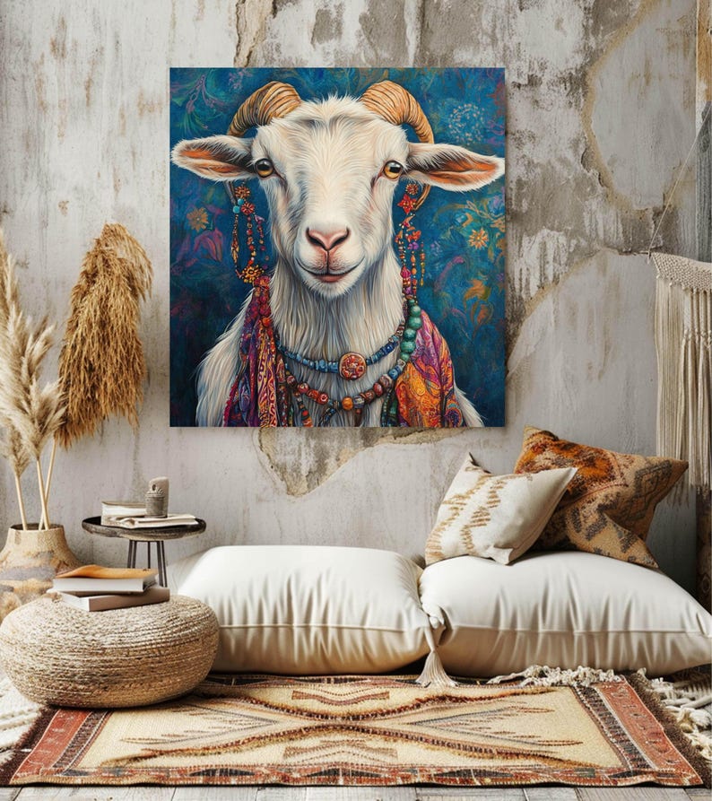 Whimsical Goat Decor, Boho Goat Wall Art, Bohemian Animal Painting