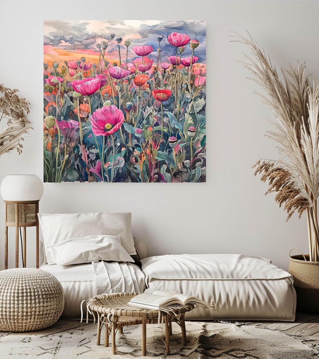 Vibrant Pink Poppies Wall Art Canvas, Poppy Field Wall Art, Ready to ...