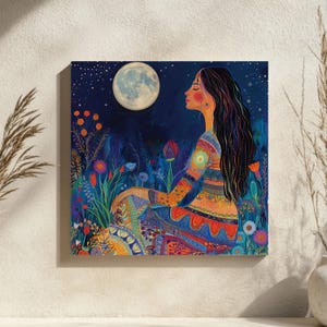 Moon Goddess Wall Art, Boho Celestial Canvas, Mystical Night Sky Print, Spiritual Moonlight Woman Artwork, Vibrant Nature Decor image 5