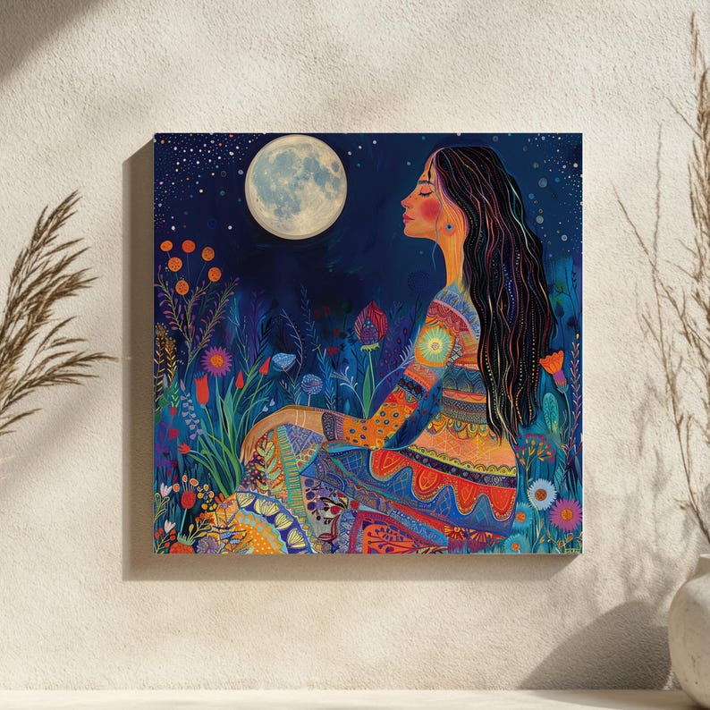 Moon Goddess Wall Art, Boho Celestial Canvas, Mystical Night Sky Print, Spiritual Moonlight Woman Artwork, Vibrant Nature Decor image 5
