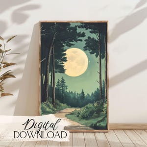 Enchanted Nightscape Wall Art, Instant Download, Glowing Full Moon, Downloadable Art, Serene Woodland Scene, Digital Download, Printable Art