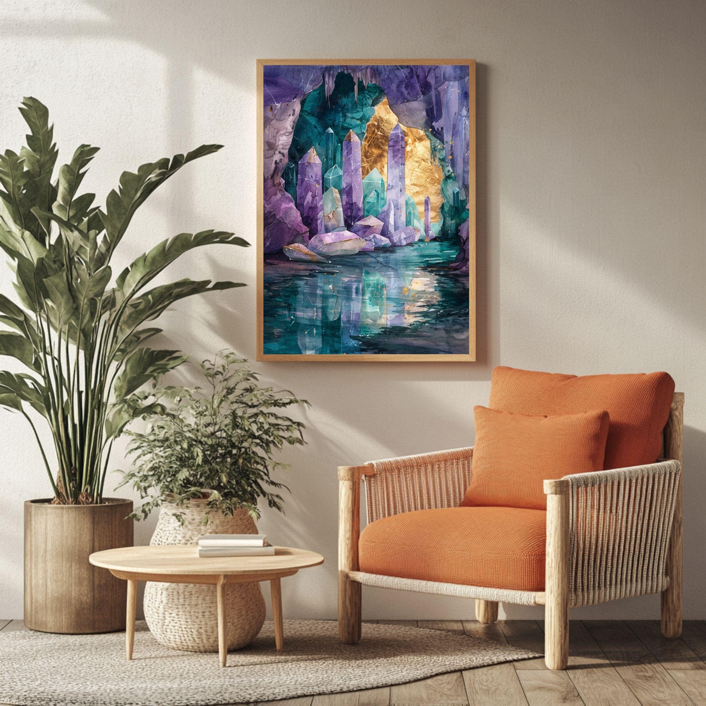 Amethyst Crystal Cave Wooden Canvas Wall Art, Mystical Geode