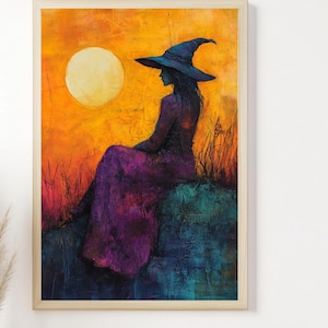 Moon Witch Framed Canvas, Mystical Halloween Wall Art, Natural Wood Frame Decor, Enchanted Sunset Home Accent, Perfect for Witchy Spaces