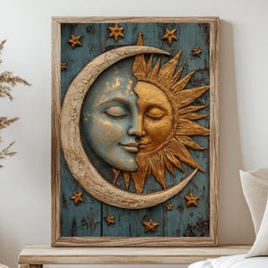 Sun and Moon Framed Art, Vintage Wooden Framed Canvas, Natural Wood Frame Canvas, Celestial Framed Art, Framed Canvas, Celestial Poster