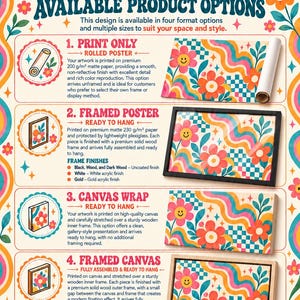 The image is a colorful advertisement for the Groove Art Company, showcasing available product options such as rolled posters, framed posters, canvas wraps, and framed canvases.