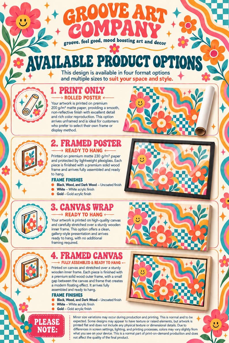 The image is a colorful advertisement for the Groove Art Company, showcasing available product options such as rolled posters, framed posters, canvas wraps, and framed canvases.