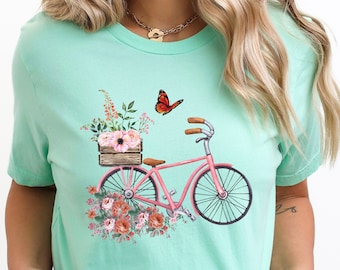 Bicycle T-Shirt, Floral Bicycle Shirt, Bicycle Lover Shirt, Women Biking T-Shirt, Butterfly Bicycle Tee, Funny Bicycle Shirt, Cycling Shirt