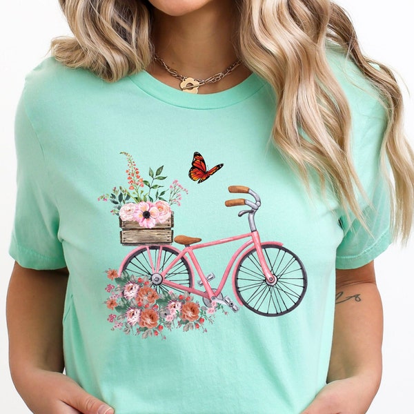 Bicycle T-Shirt, Floral Bicycle Shirt, Bicycle Lover Shirt, Women Biking T-Shirt, Butterfly Bicycle Tee, Funny Bicycle Shirt, Cycling Shirt