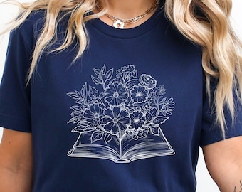 T-shirt floral : cadeau pour les amoureux des livres, t-shirt en coton peigné