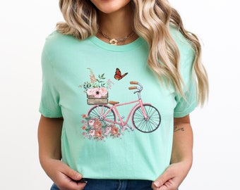 Bicycle T-Shirt, Floral Bicycle Shirt, Bicycle Lover Shirt, Women Biking T-Shirt, Butterfly Bicycle Tee, Funny Bicycle Shirt, Cycling Shirt
