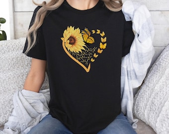 Sunflower T-Shirt, Butterfly Love Shirt, Sunflower Butterfly T-Shirt, Butterfly Floral Shirt, Mothers Day Shirt, Heart Sunflower T-Shirt