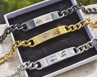 Pulsera personalizada con foto de ojos, acero inoxidable grabado, regalo para pareja