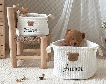 Cesta de almacenamiento personalizada para bebés, cesta de oso con nombre bordado, organizador de pañales lindo, regalo de baby shower, cesta de clasificación de juguetes personalizados