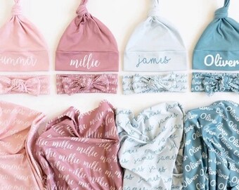 Conjunto de manta envolvente con nombre de bebé personalizado, gorro y lazo