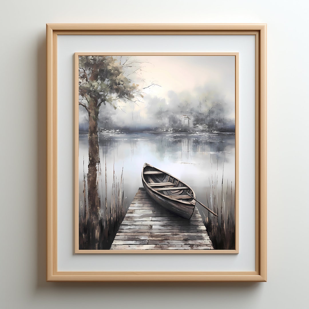 Printable Vintage Landscape Painting Wooden Boat Wall Art Etsy