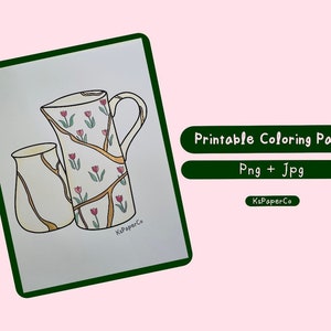 May include: Printable coloring page featuring two cream-colored pitchers with floral designs. One pitcher has a wide mouth and a handle, while the other has a narrow mouth and no handle. The pitchers are decorated with pink flowers and gold accents. The text "Printable Coloring Page" and "Png + Jpg" are displayed in green boxes. The text "KsPaperCo" is displayed in a green box below the other boxes.