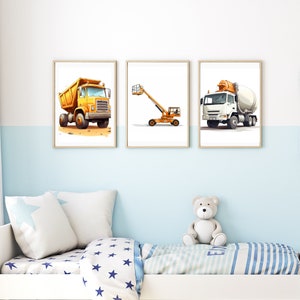Digital Wall Art - Cartoon Construction Trucks Prints, Posters, Boy Room Nursery, Truck Wall Art, Playroom Decor, Toddler Room