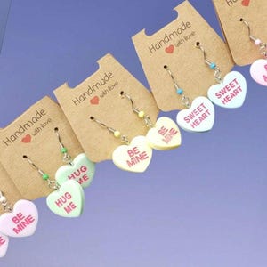 Conversation Heart Dangle Earrings, Valentine&#39;s Day Heart Earrings, Heart Candy Earrings, Be Mine Earrings, Hug Me Earrings, Love Earrings