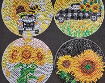 8 Sunflower Mosaic Rhinestone Coasters