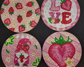 8 Strawberry-Themed Rhinestone Coasters with Holder