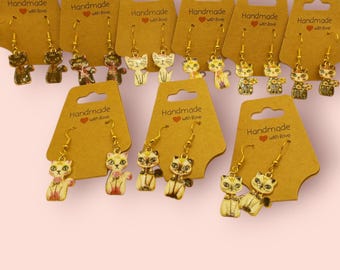 Dangling Artsy Cat Earrings, Boho Cat Jewelry, Cute Kitty Earrings, Siamese Cat, Colorful Felines, Cat Lovers Gift, Pet Sitter Presents