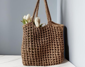 Handmade Crochet Jute Tote Bag, Eco-Friendly Shoulder Bag