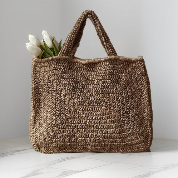Crochet Big Rectangular Jute Bag. Handmade. Customised Sizes Possible. Jute Bag Large Tote Beach Bag Eco Shopper Jute Bag Shoulder Casual Etsy
