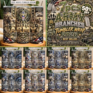 May include: A digital collection of 400 tumbler wrap designs featuring United States military themes. Each design displays branch emblems, camouflage patterns, American flags, and text including Army, Space Force, Coast Guard, and Air Force.
