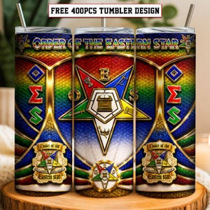 May include: A cylindrical tumbler featuring a vibrant rainbow-coloured background with a textured honeycomb pattern. The design displays the Order of the Eastern Star emblem, including a five-pointed star, a crown, a sword, and an open book.