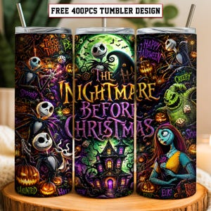 May include: Three cylindrical tumblers with metal straws featuring a colorful Nightmare Before Christmas graphic print. The design includes Jack Skellington, Sally, Oogie Boogie, a haunted house, pumpkins, and the text The Nightmare Before Christmas.