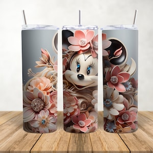 3D Pinkmouse 20 oz Skinny Tumbler Sublimation Design, Instant Digital Download PNG, flowers with mouse Tumbler Wrap