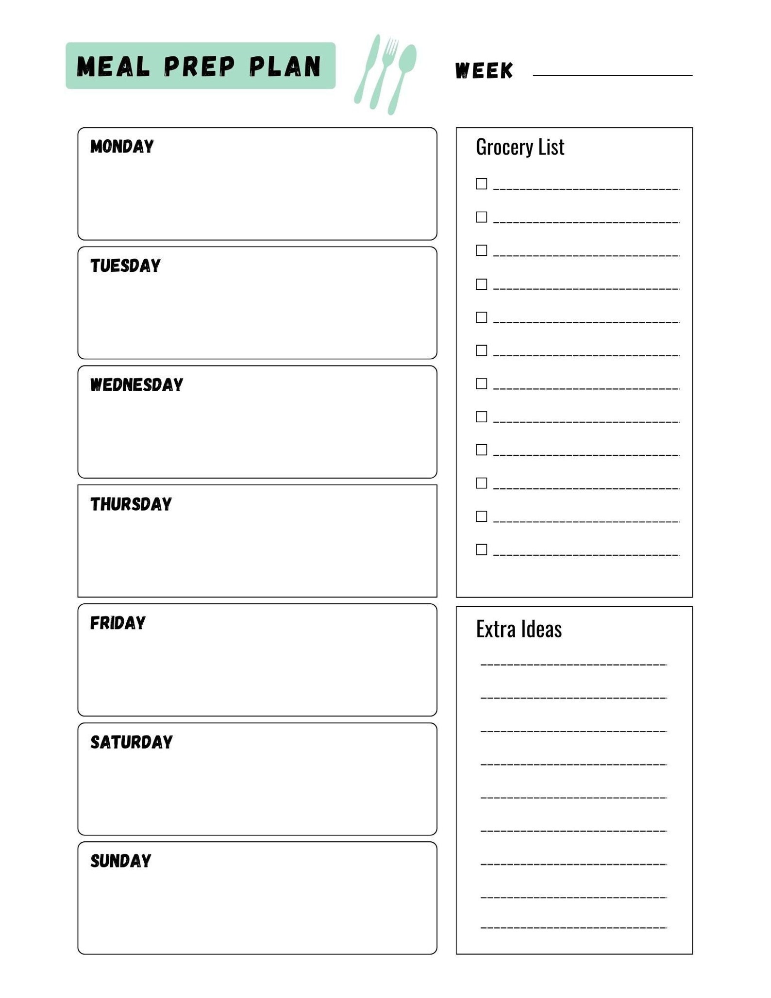 Printable Meal Prep Planner Grocery List Health & Fitness Food